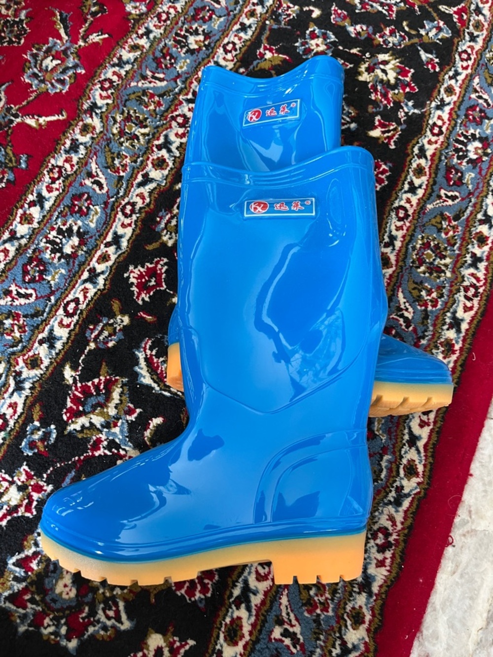Bright Blue Glossy Rain Boots with Tan Soles